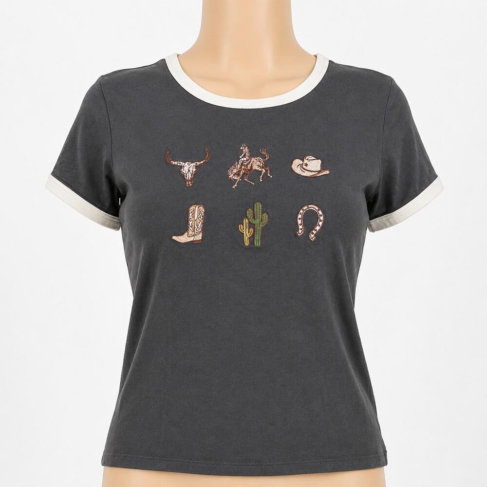 House of Cotton Western Ringer Womens Medium Gray Cowboy Embroidered Cropped Tee